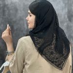 روسری سه گوش قواره 90 محرمی مشکی گیپور دوردانتل رشت عمده خدادوست