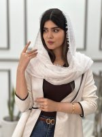 کالکشن شال سفید ابری دور مروارید لمه حصیری رشت عمده خدادوست