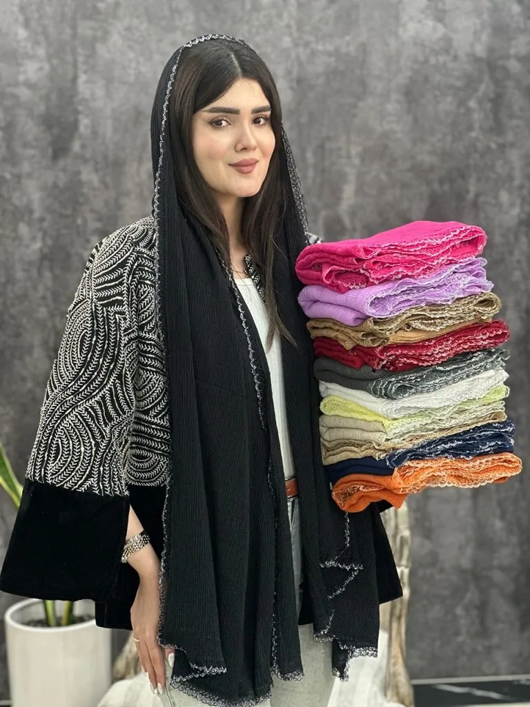 شال وارداتی عمده دور دانتل لمه دار خدادوست رشت