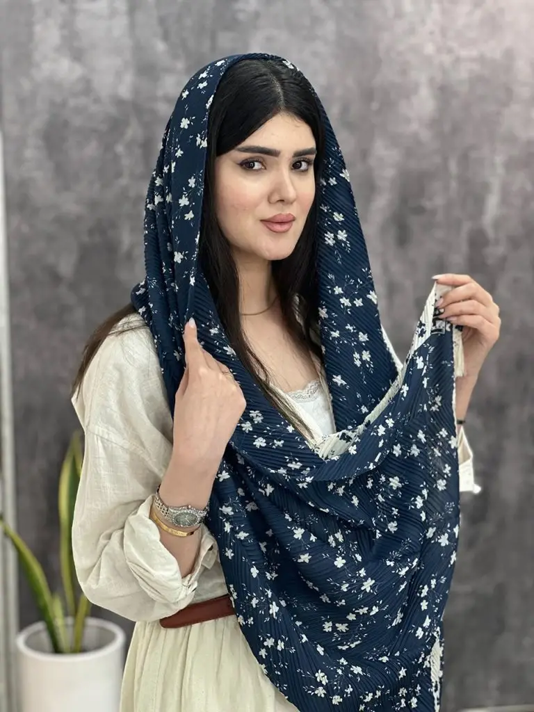 شال پلیسه طرحدار نخی سرمه ای عمده خدادوست رشت